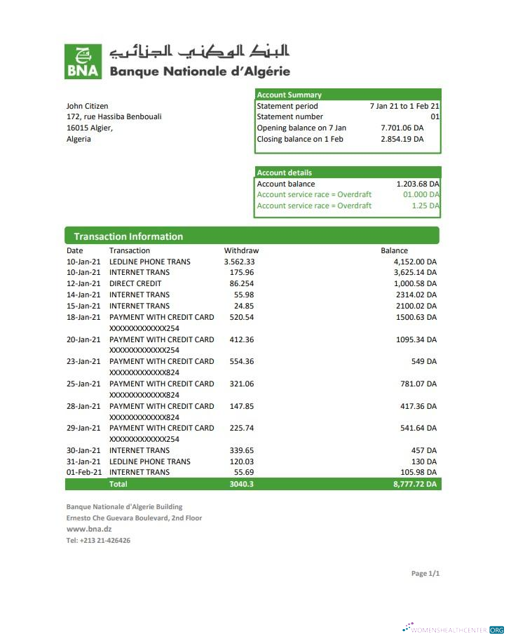 Download Algeria Banque nationale d’Algérie (BNA) bank statement excel Photoshop template